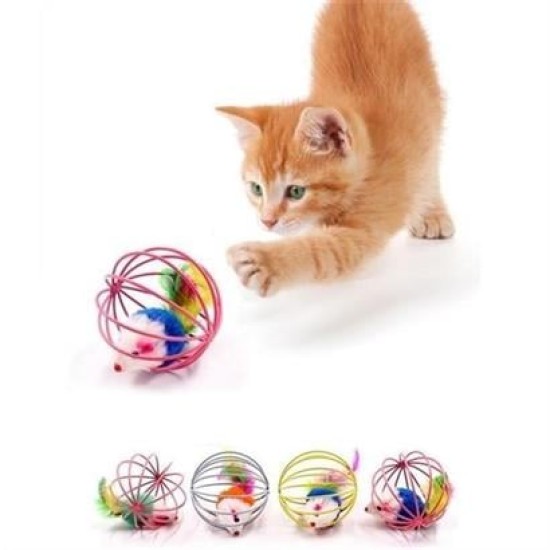 BUFFER® Renkli Metal Kafesli Peluş Fareli Kedi Köpek Oyuncağı Oyun Topu 6 cm BUFFER® Renkli Metal Kafesli Peluş Fareli Kedi Köpek Oyuncağı Oyun Topu 6 cm