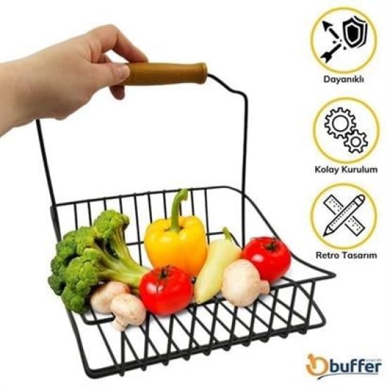 BUFFER® Retro Ferforje Askılı Siyah Ahşap Kulplu Düzenleyici Mutfak Sepeti BUFFER® Retro Ferforje Askılı Siyah Ahşap Kulplu Düzenleyici Mutfak Sepeti